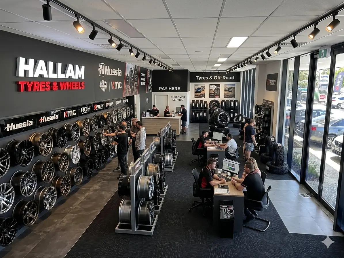 Inside the wheel showroom with wheels displayed on the walls
