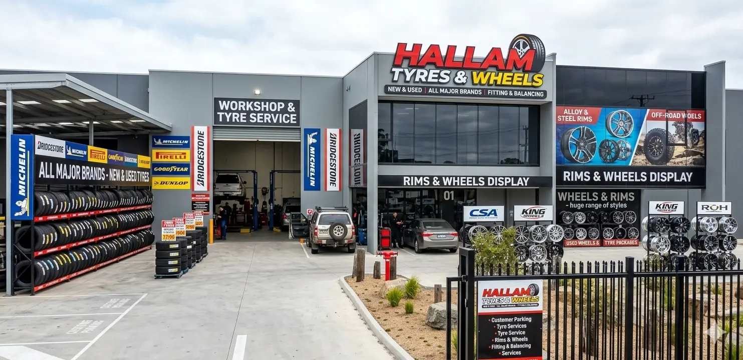 Hallam Tyres & Wheels workshop frontage and wheel display